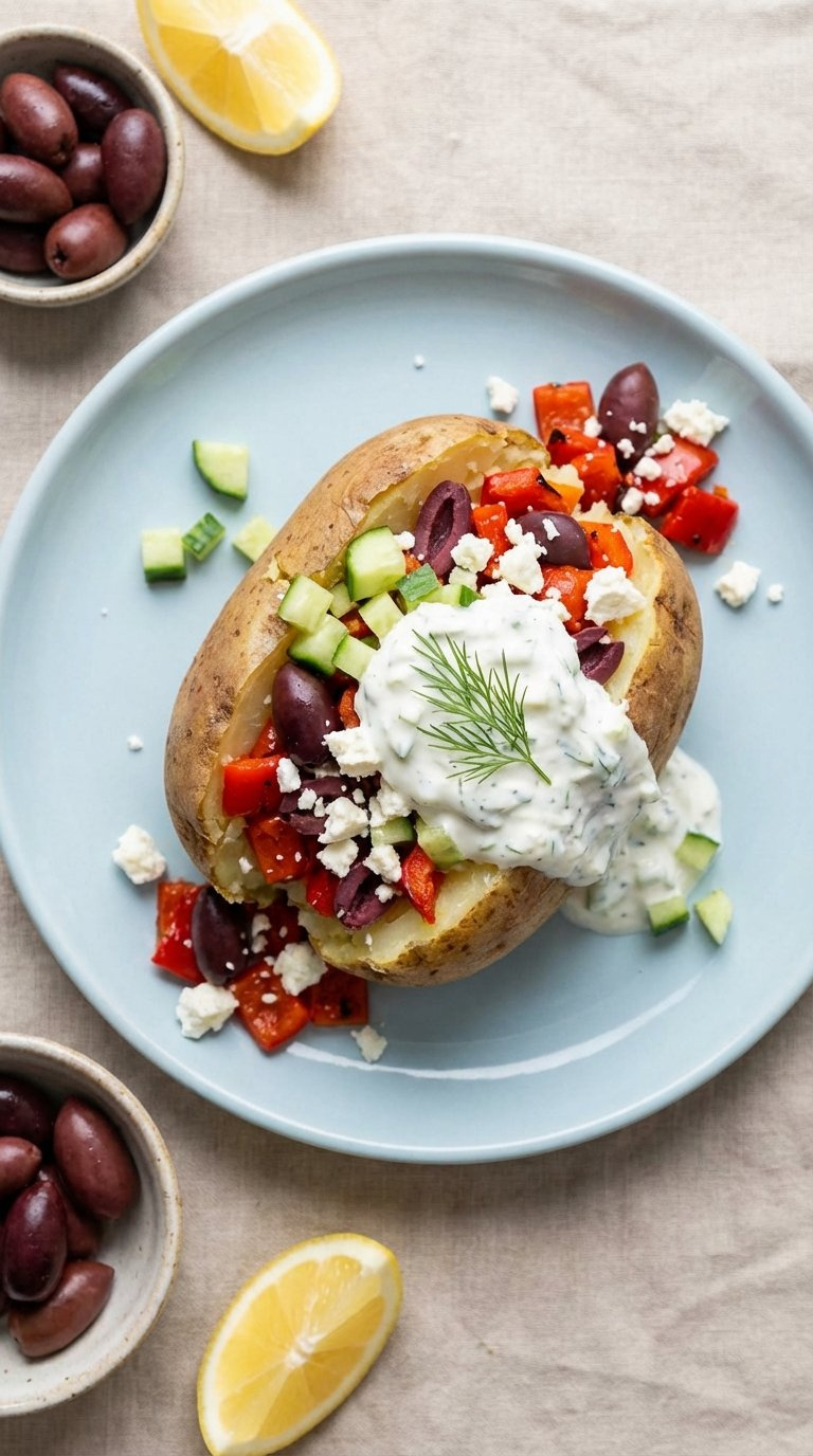 Colorful Mediterranean Baked Potato With Roasted Red Peppers, Olives, Feta Cheese, Cucumber, And Tzatziki On Light Blue Plate.