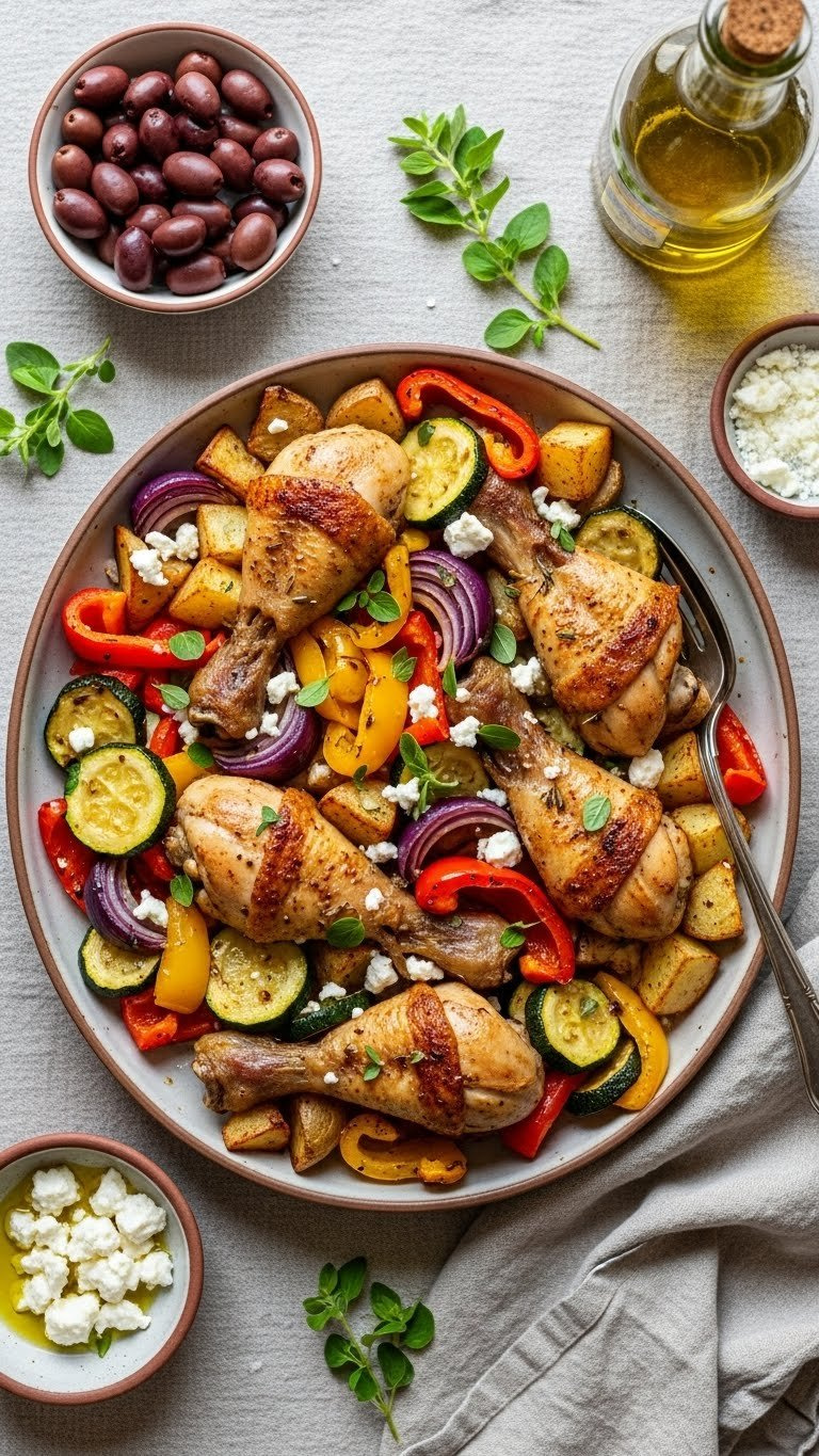 Colorful Mediterranean Chicken Drumsticks With Roasted Vegetables And Potatoes On Ceramic Platter With Olives