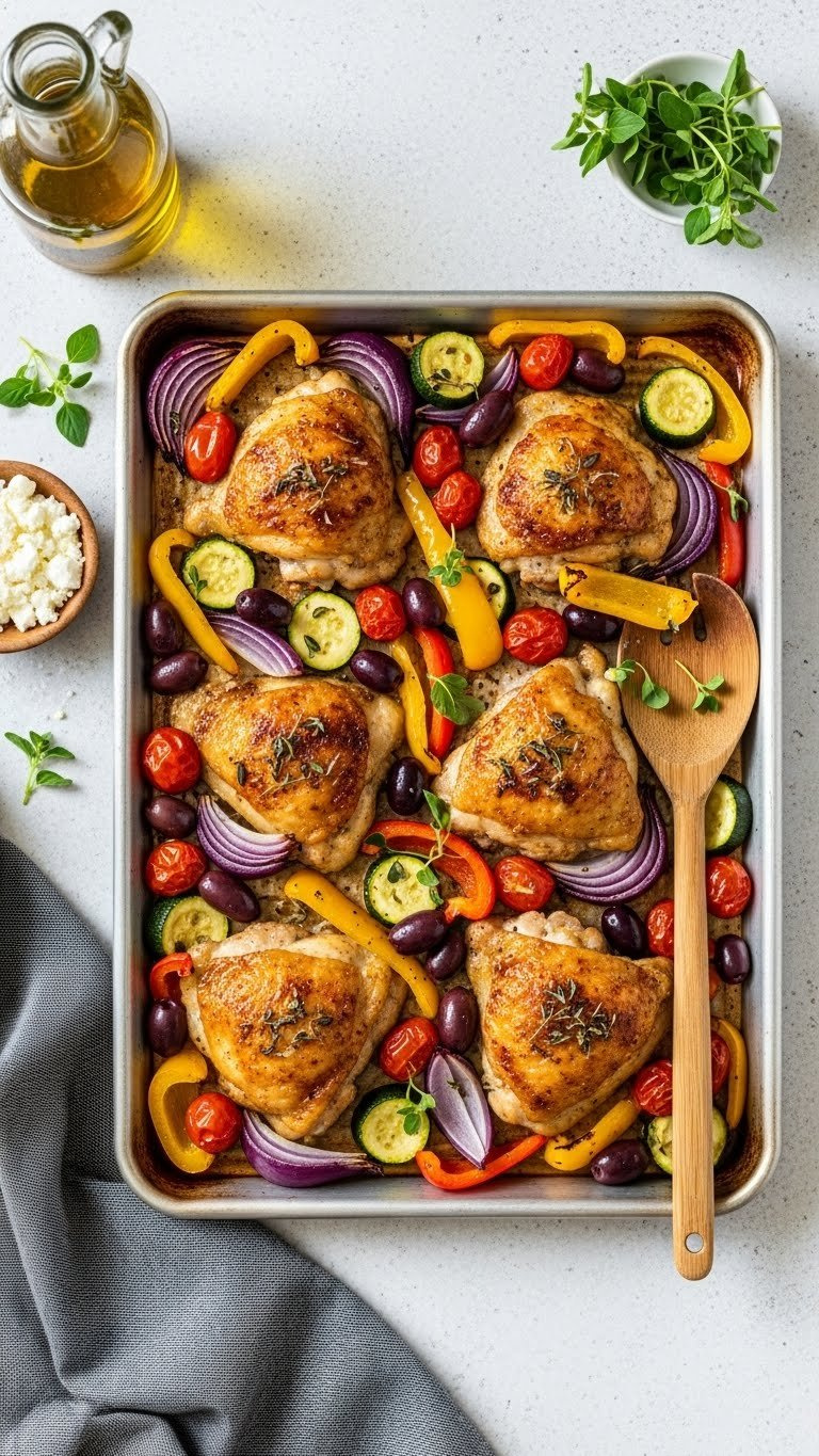 Colorful Mediterranean Chicken Thighs And Vegetables Roasted On Sheet Pan With Feta Cheese And Oregano Garnish