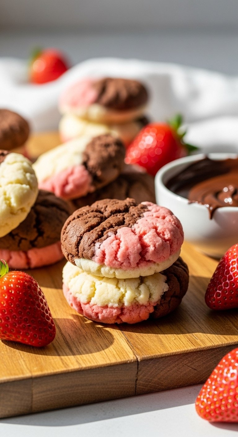 Colorful Neapolitan Cookie Featuring Distinct Chocolate, Vanilla, And Strawberry Doughs Pressed Together With Bright Cheerful Lighting.