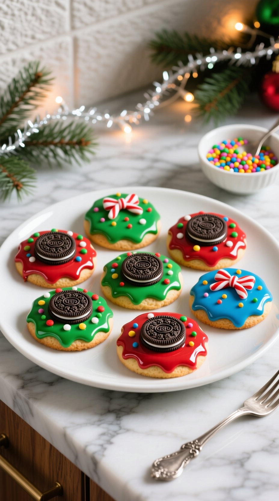 Colorful Oreo Christmas Ornaments Dipped In Candy Melts With Festive Sprinkles And Bows On A White Platter.