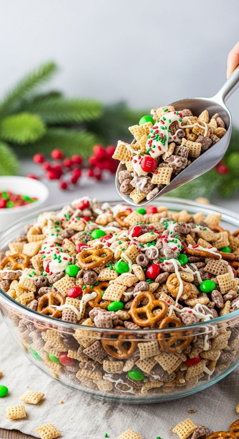 Colorful Reindeer Food Snack Mix: Chex, Pretzels, M&Amp;Ms, White Chocolate, Red &Amp; Green Sprinkles In Glass Bowl, Scoop.