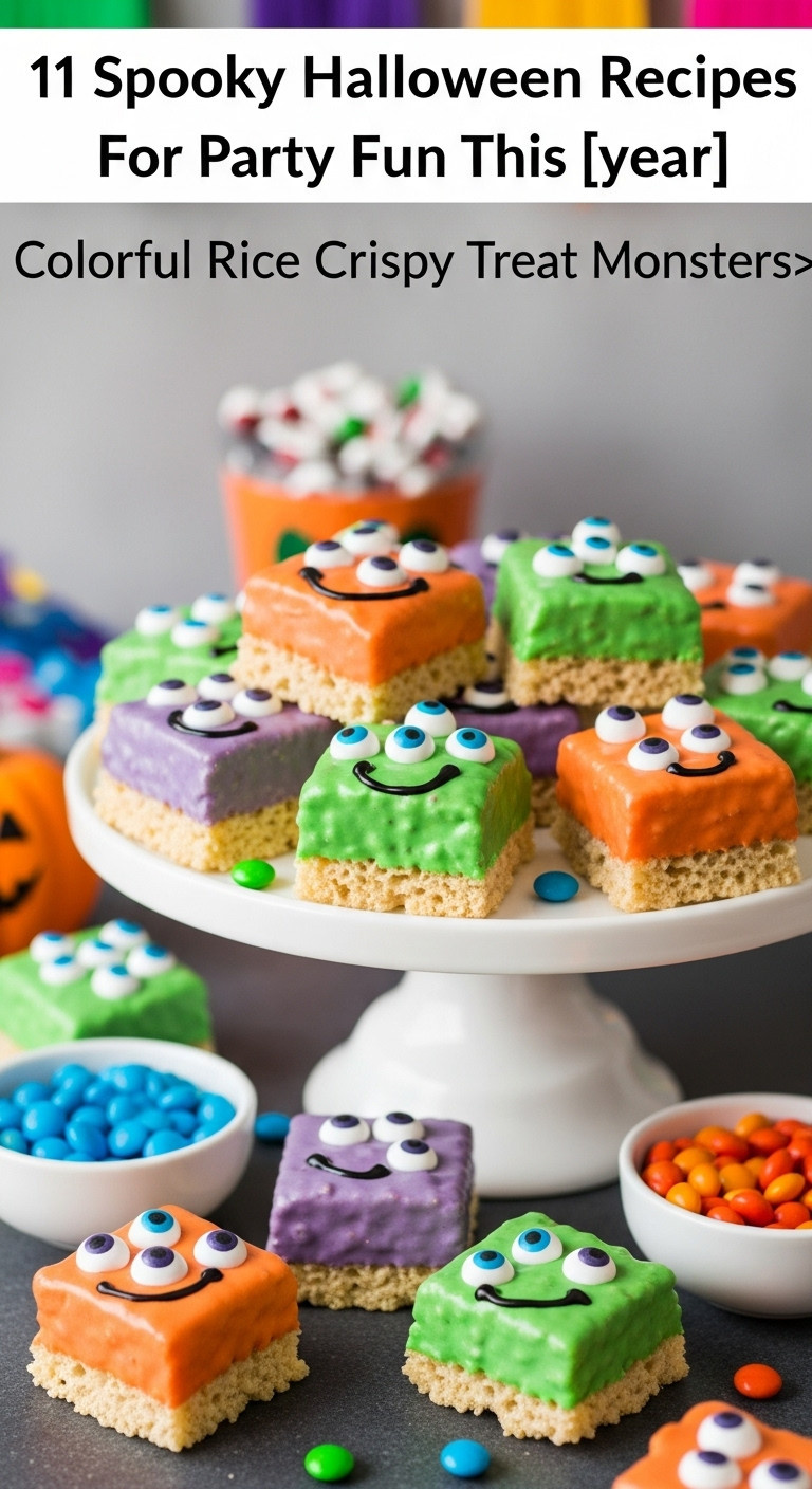 Colorful Rice Crispy Treat Monsters With Candy Eyes On A White Cake Stand Against Blurred Halloween Decorations For Party Fun