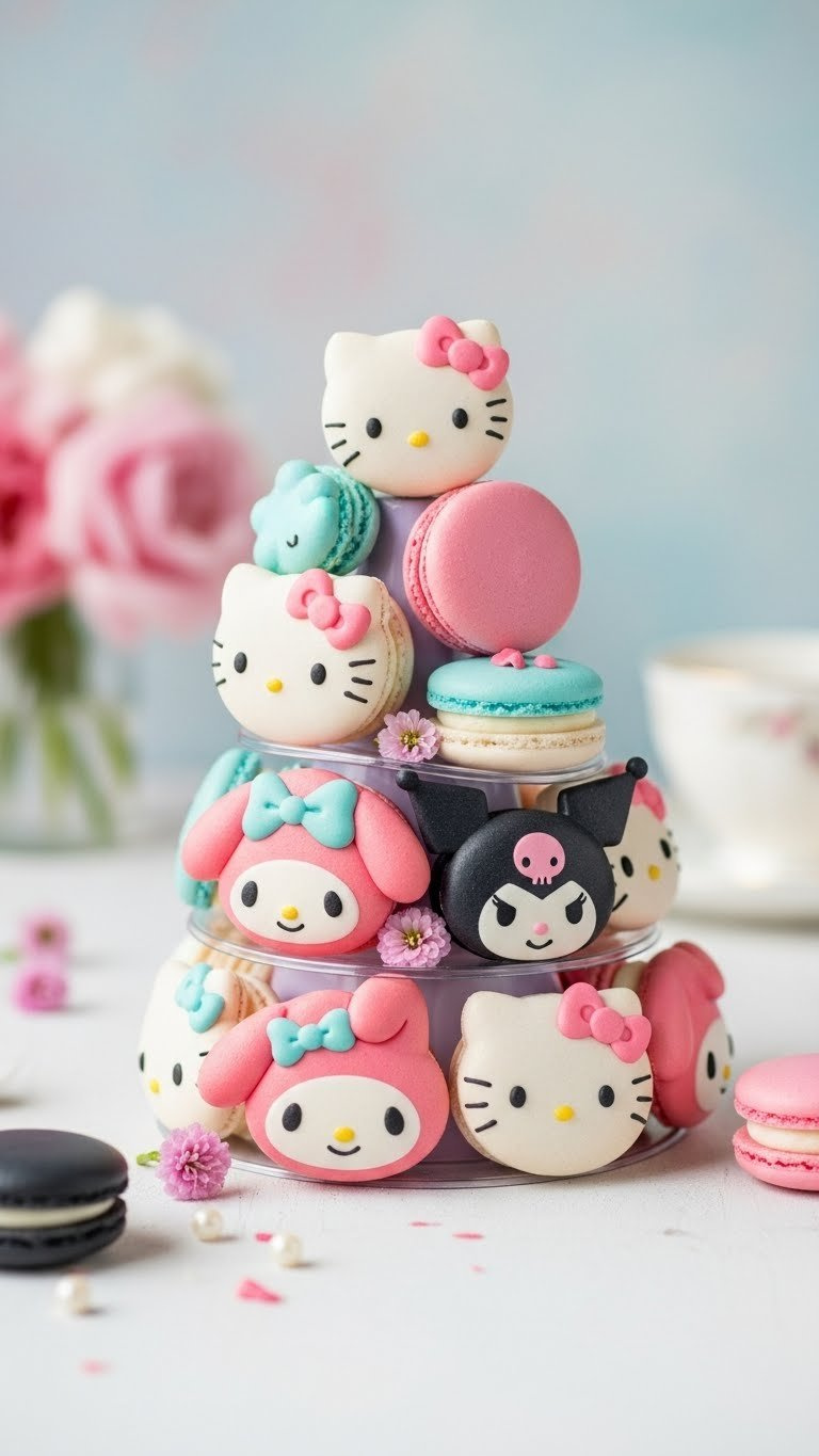Colorful Sanrio Character Macarons Featuring Hello Kitty, My Melody, And Kuromi Designs On Multi-Tiered Pastel Display.