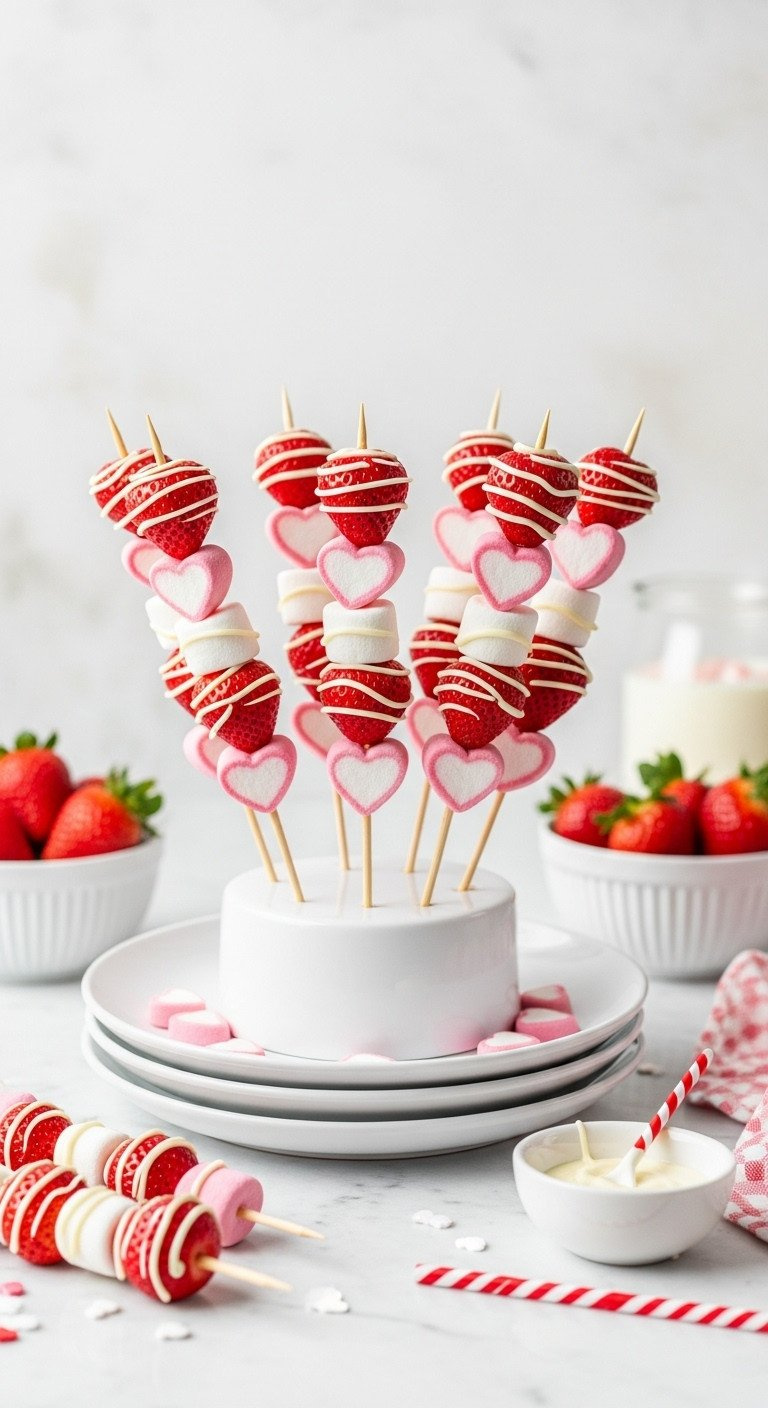 Colorful Valentine's Skewers With Strawberries, Marshmallows, Pink Heart Candies, White Chocolate Drizzle On A Tiered Platter.