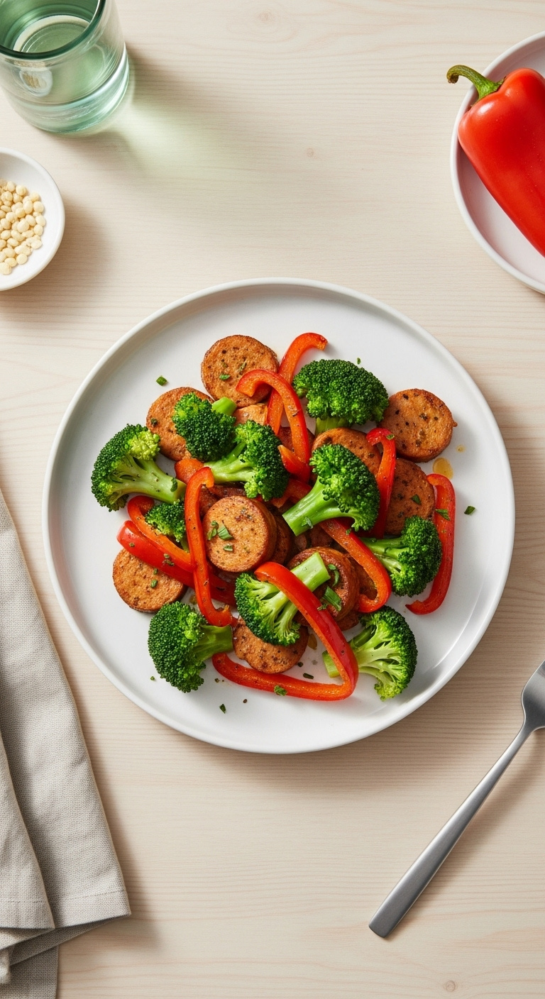 Colorful Air Fried Chicken Sausage And Roasted Vegetables On A White Plate With A Fork And Napkin