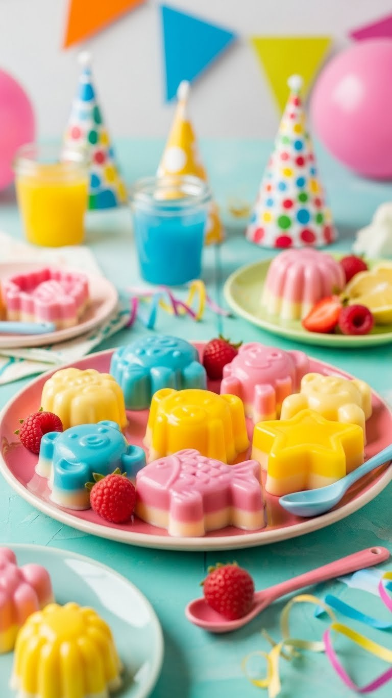Colorful Animal-Shaped Jellies And Puddings On Ceramic Plate With Party Decorations And Fruit Garnishes At 45-Degree Angle