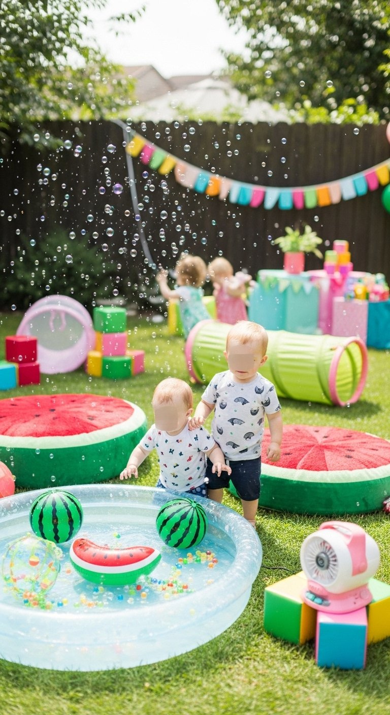 Colorful Backyard Watermelon Play Area With Plush Cushions, Splash Pad, And Happy Toddlers Playing.