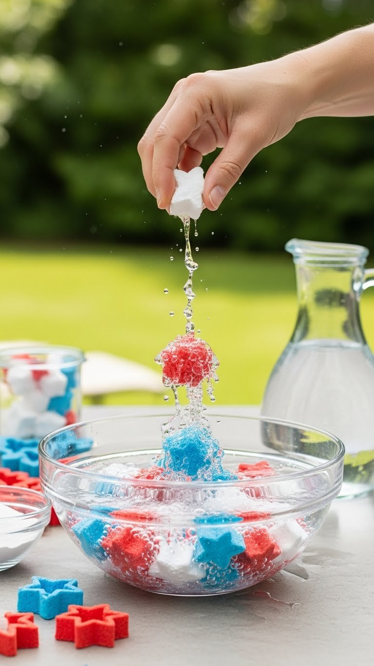 Colorful Baking Soda Firecracker Bombs Fizzing Intensely In Vinegar Bowl With Patriotic Red White Blue Foam