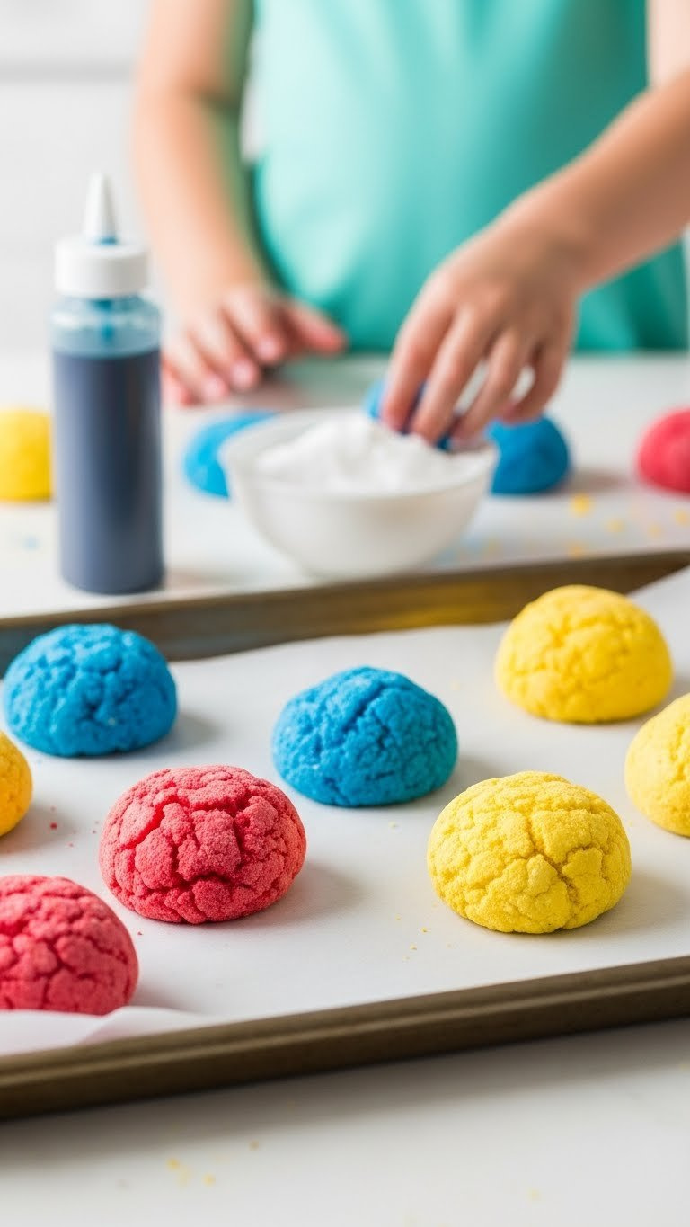Colorful Baking Soda Treasure Rocks Drying On Parchment-Lined Baking Sheet With Baking Soda Bowl And Food Coloring Bottle Nearby