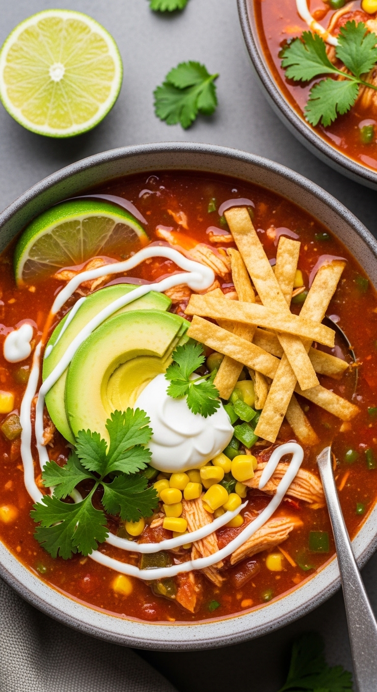 Colorful Bowl Of Quick Chicken Tortilla Soup Topped With Sour Cream, Avocado, Cilantro, Tortilla Strips, And Lime