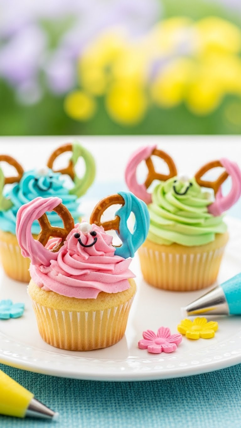 Colorful Butterfly Cupcakes With Pastel Buttercream And Pretzel Wings Displayed On Pristine White Ceramic Plate