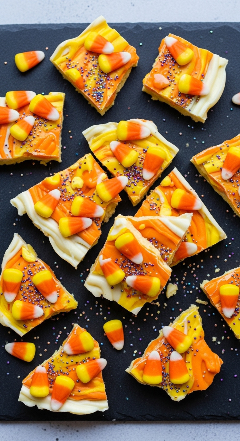 Colorful Candy Corn Bark With Yellow Orange And White Chocolate Layers On Black Slate