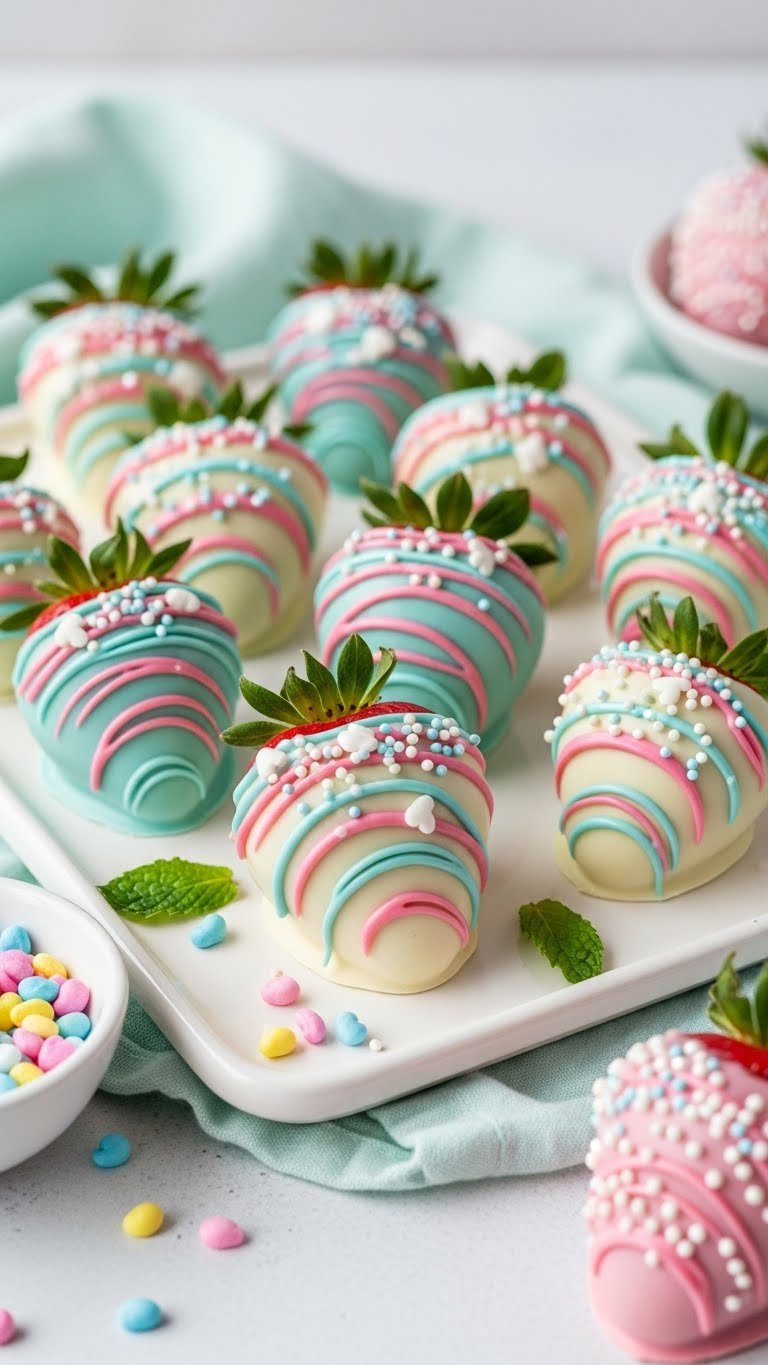 Colorful Chocolate Covered Strawberries Dipped In Pastel Pink, Blue, And Yellow Chocolate With Sprinkles