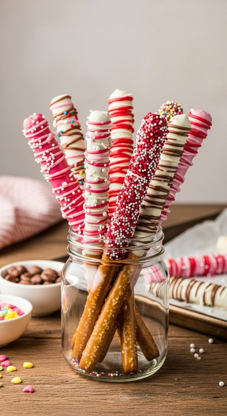 Colorful Chocolate-Dipped Pretzel Rods With Pink, Red, White Chocolate, Sprinkles In A Glass Jar.