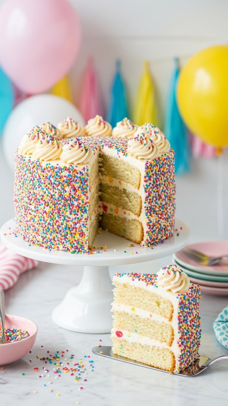 Colorful Confetti Cake With Festive Sprinkles And Slice Removed Showing Interior On White Cake Stand With Scattered Decorations