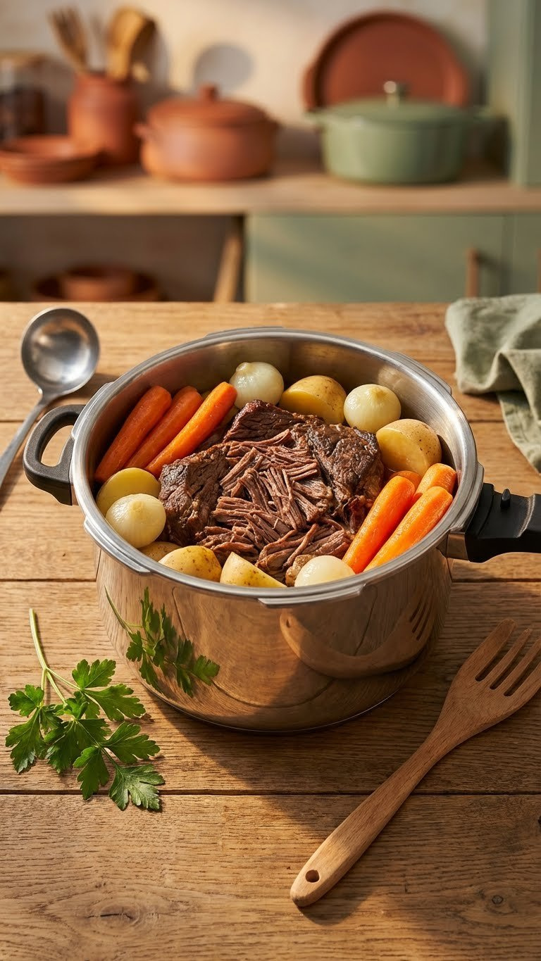 Colorful Cooked Carrots, Potatoes, And Pearl Onions Surround Tender Shredded Pot Roast In An Instant Pot Inner Pot.