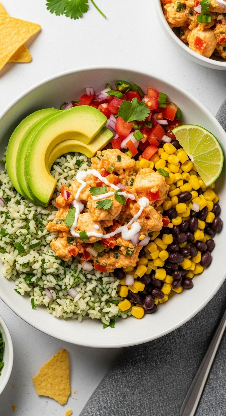 Colorful Crockpot Fiesta Chicken Burrito Bowl With Cilantro Lime Rice Black Beans Corn Avocado Pico De Gallo And Lime