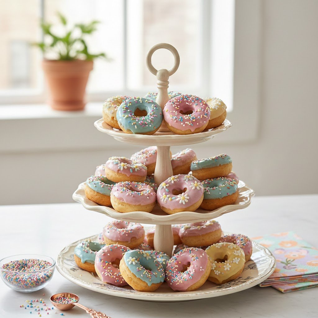 Colorful Decorated Mini Doughnuts With Pastel Glazes And Sprinkles On Tiered Serving Stand