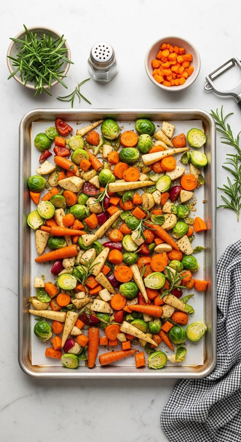 Colorful Diced Root Vegetables (Carrots, Parsnips, Brussels Sprouts) With Herbs On A Baking Sheet, Ready For Roasting.