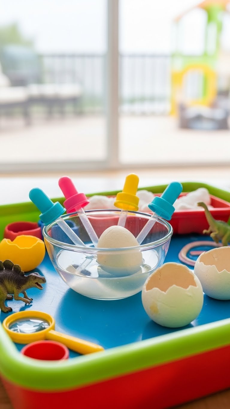 Colorful Dinosaur Egg Hatching Station Setup With Vinegar Bowl, Droppers, And Baking Soda Eggs In Sensory Bin