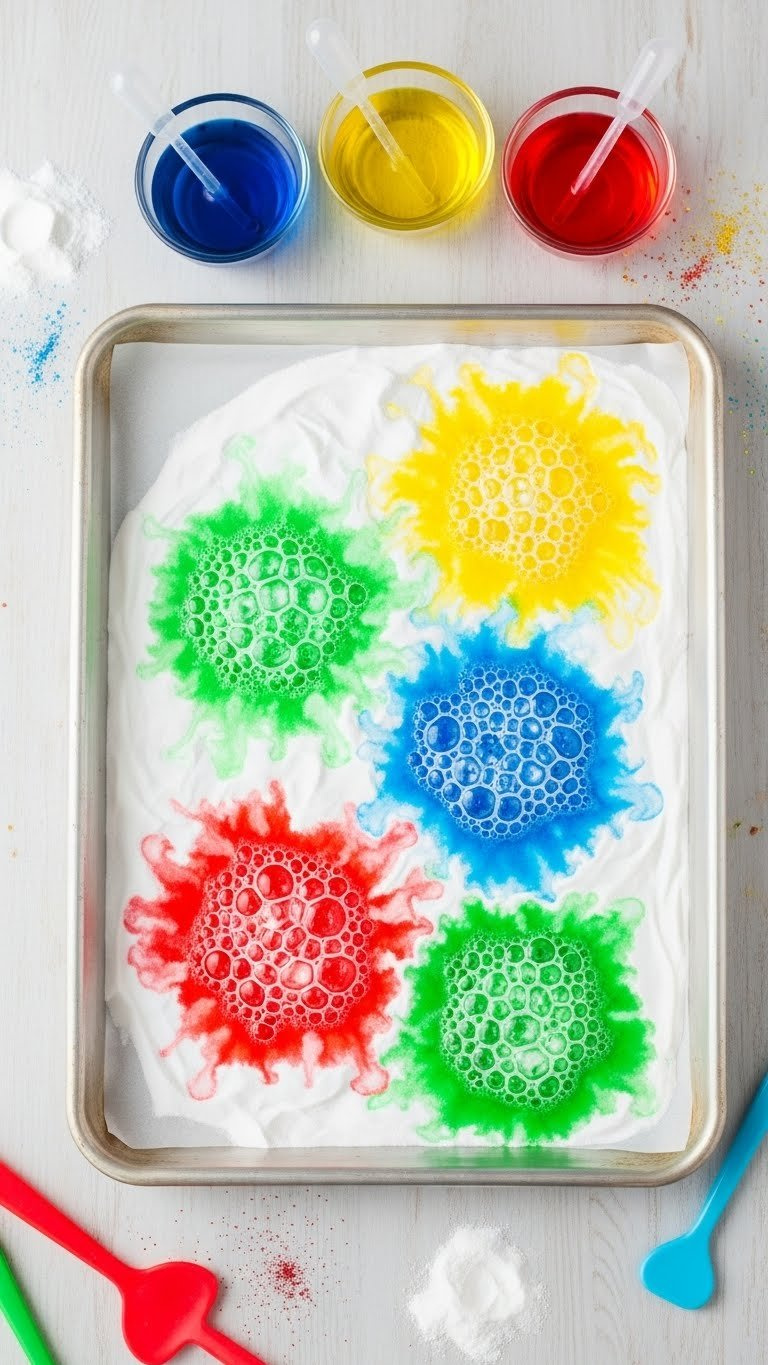 Colorful Fizzy Baking Soda And Vinegar Fireworks Erupting With Vibrant Rainbow Bubbles On White Baking Sheet In Top-Down Flat Lay Photography