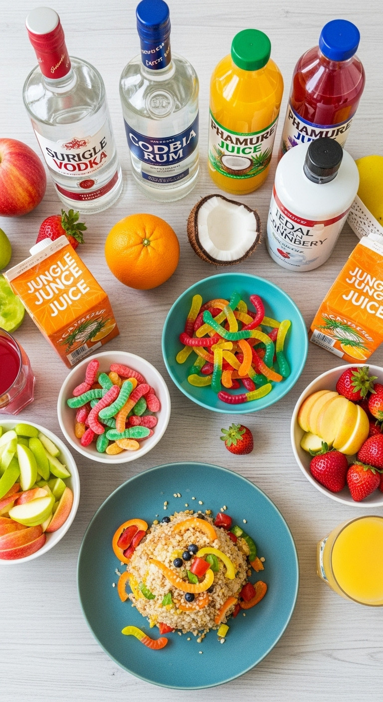 Colorful Flat Lay Of Halloween Jungle Juice Ingredients Including Vodka Rum Juices Gummy Worms And Sliced Fruit Perfect For Recipes