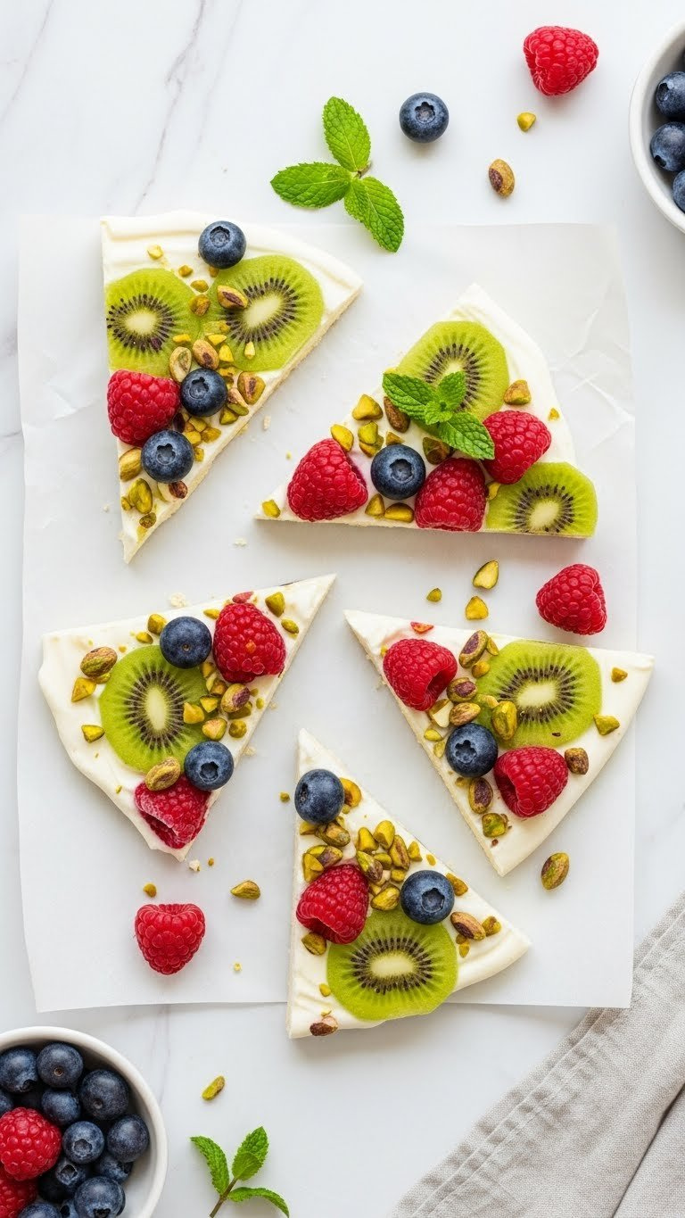Colorful Frozen Yogurt Bark With Kiwi, Raspberries, Blueberries And Pistachios On Marble Countertop Flat Lay.