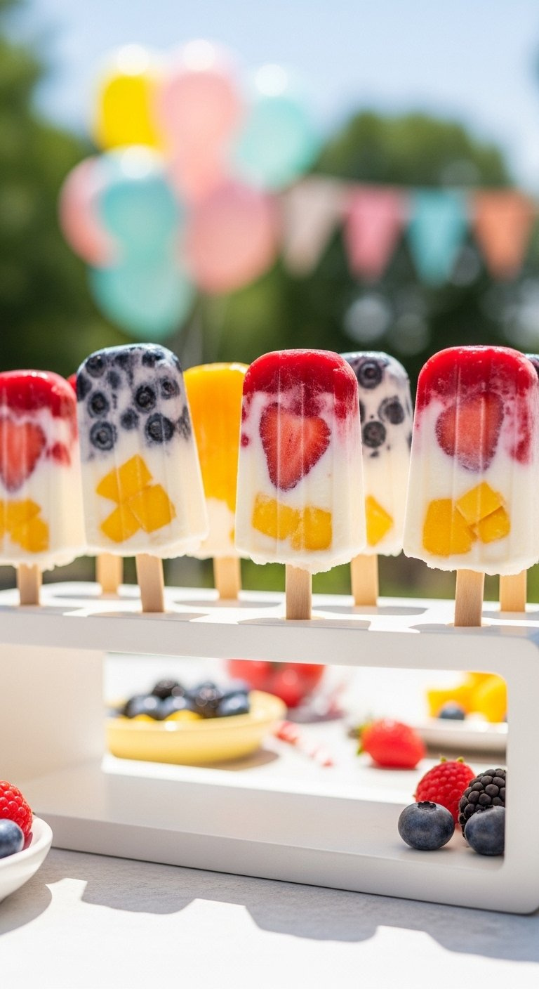 Colorful Frozen Yogurt Pops With Fruit Swirls In A Wooden Stand.