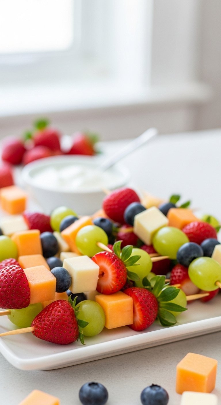 Colorful Fruit And Cheese Skewers Arranged On A White Ceramic Platter.