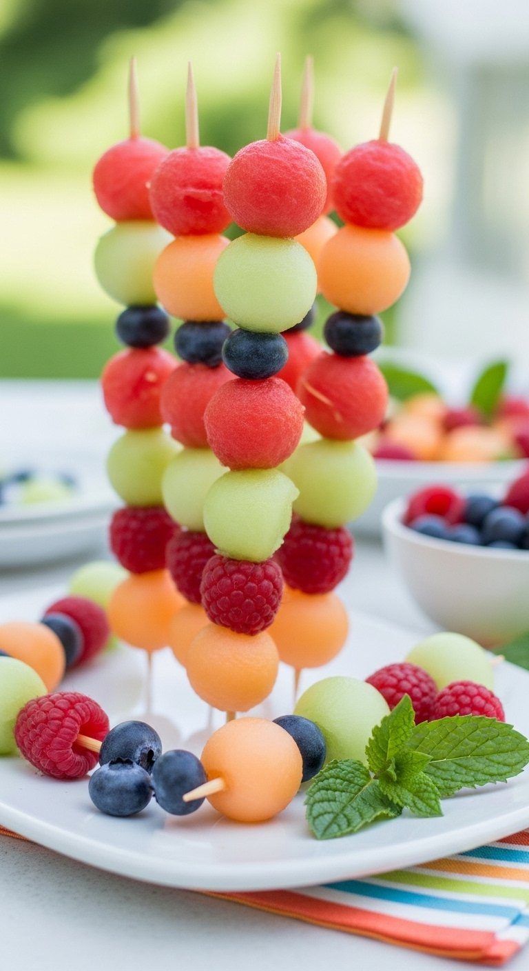 Colorful Fruit Skewers Loaded With Melon Balls And Fresh Berries On A White Serving Platter.