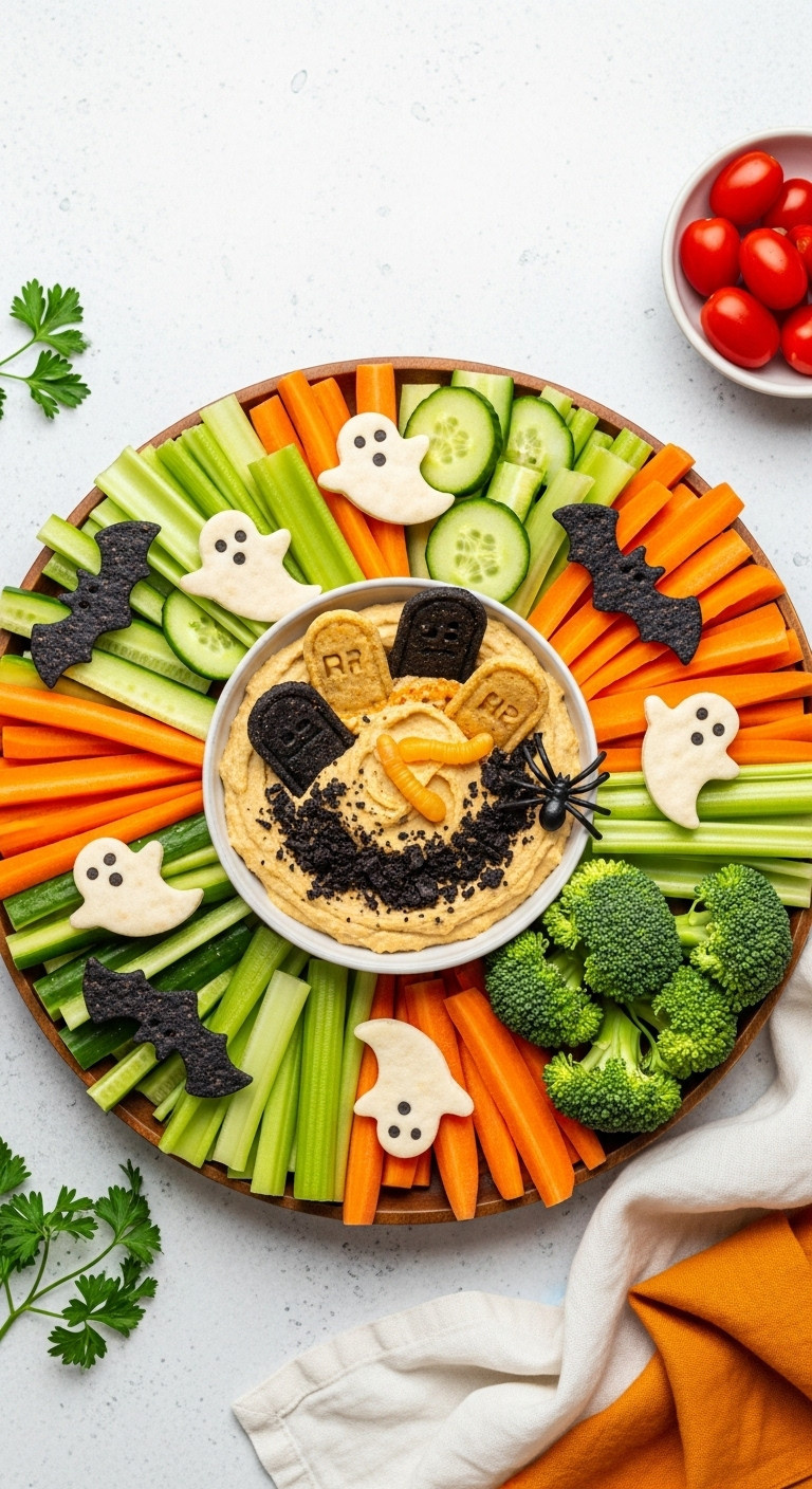 Colorful Graveyard Veggie Platter With Hummus, Pita Gravestones, Halloween-Shaped Vegetables, And Spider, Healthy Halloween Food.