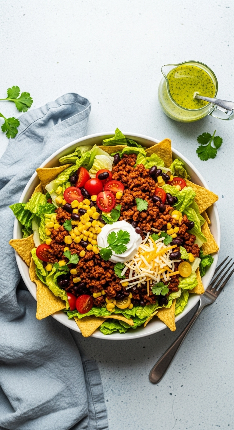 Colorful Ground Beef Taco Salad With Lettuce Beef Tomatoes Black Beans Corn Cheese And Sour Cream In A White Bowl