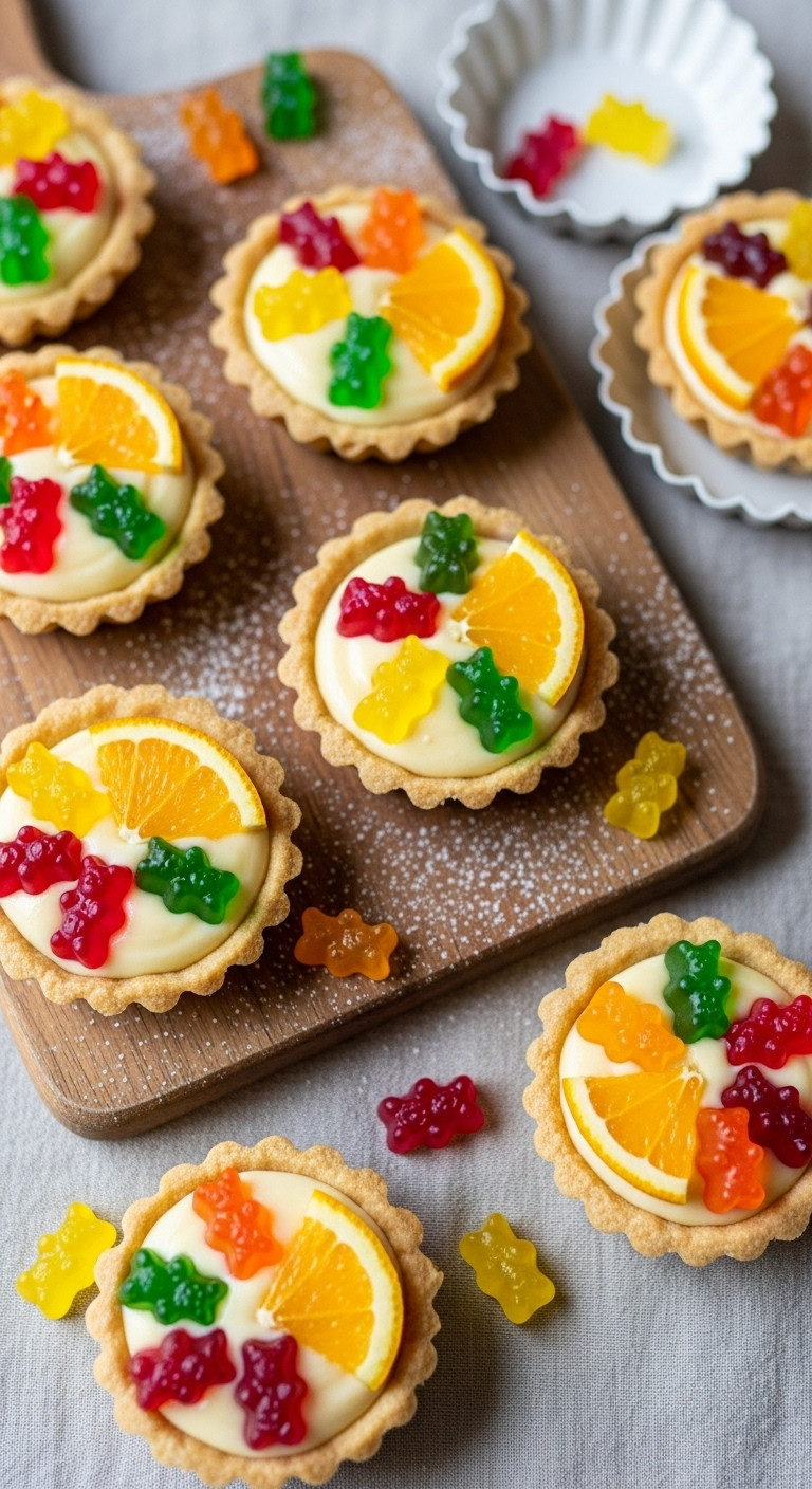 Colorful Gummy Bear And Fruit Slice Tarts On A Rustic Board, With Vibrant Custard And Flaky Shortbread Crusts.