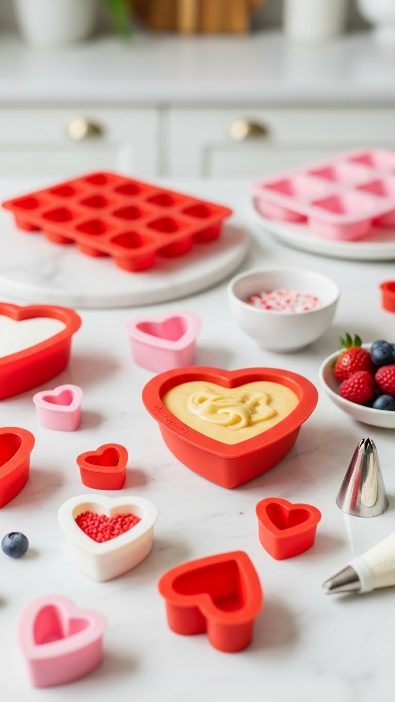 Colorful Heart-Shaped Silicone Molds With Batter On White Marble Countertop Baking Scene