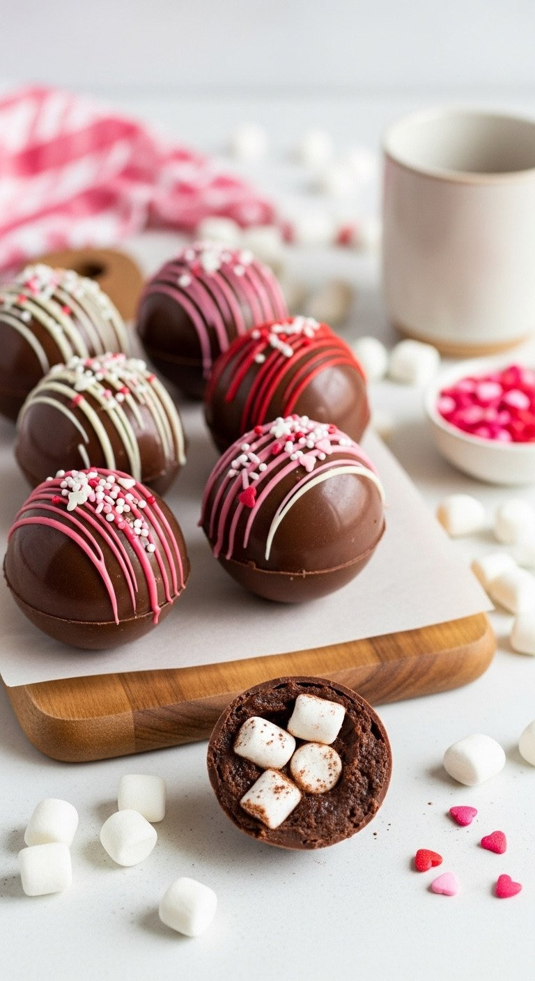 Colorful Hot Chocolate Bombs With Pink &Amp; Red Drizzles, Marshmallows, And Cocoa Mix On A Wooden Board. Cozy Winter Treat.