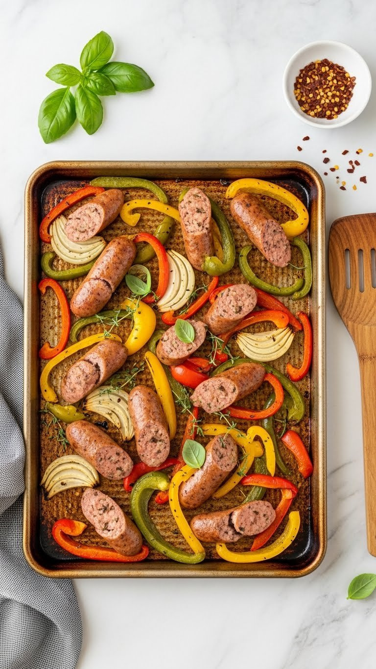 Colorful Keto Sausage Bell Pepper Medley With Browned Italian Sausage Slices On Baking Sheet With Fresh Basil