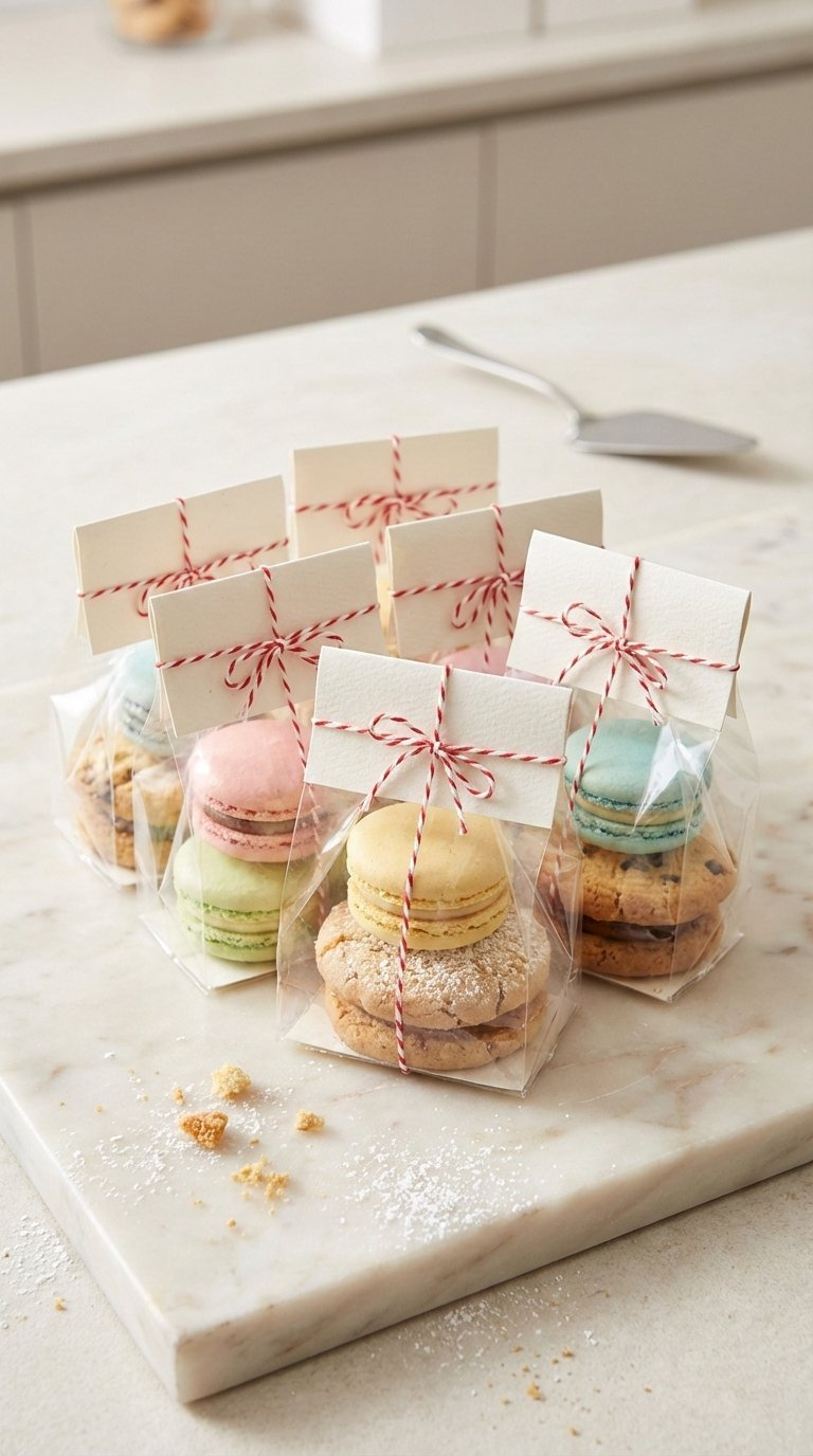 Colorful Macarons In Clear Cellophane Bags Sealed With Paper Tags And Baker's Twine Displayed On Marble Surface.