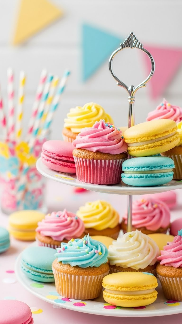 Colorful Mini Cupcakes And Macarons Arranged On Tiered Serving Stand With Festive Party Background
