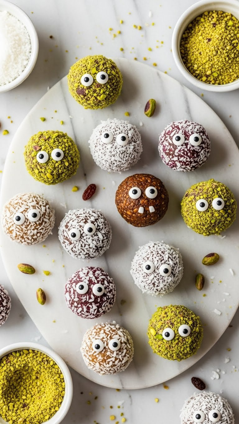 Colorful Monster Energy Bites Coated In Coconut And Nuts With Edible Candy Eyes Arranged On Marble Countertop