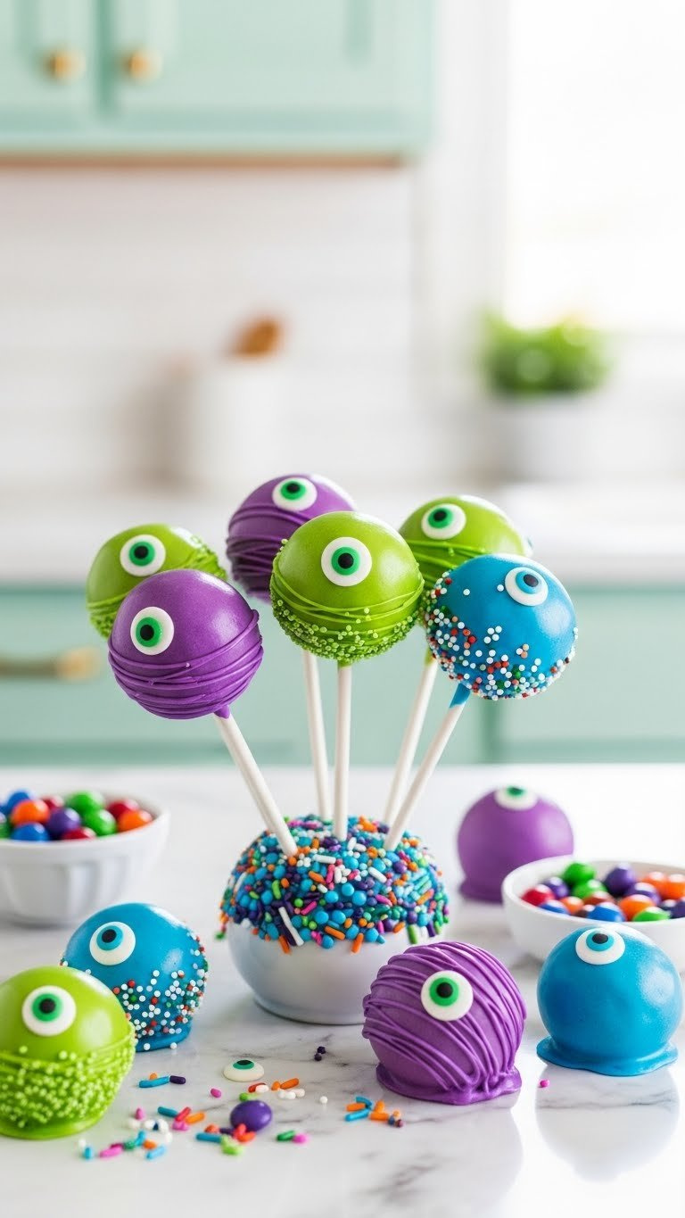 Colorful Monster Eye Cake Pops Dipped In Candy Melts With Edible Googly Eyes Displayed Upright In Festive Holder