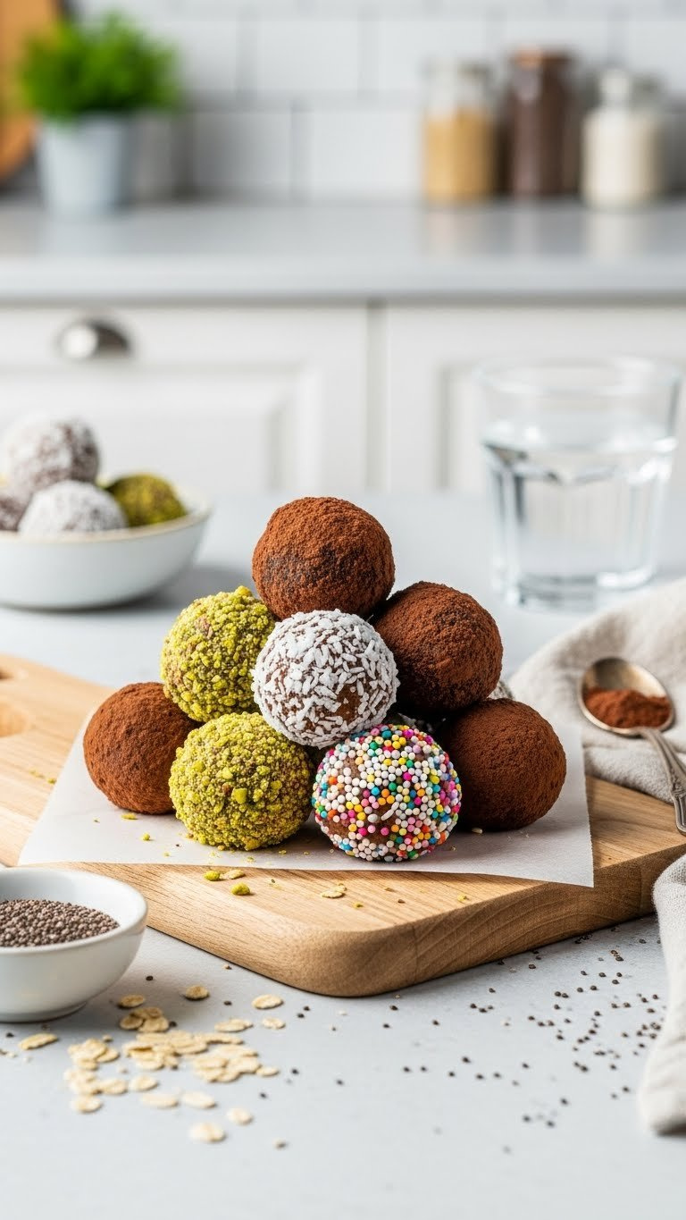 Colorful No-Bake Energy Bites Rolled In Coconut, Pistachios, And Cocoa Powder On Rustic Wooden Serving Board
