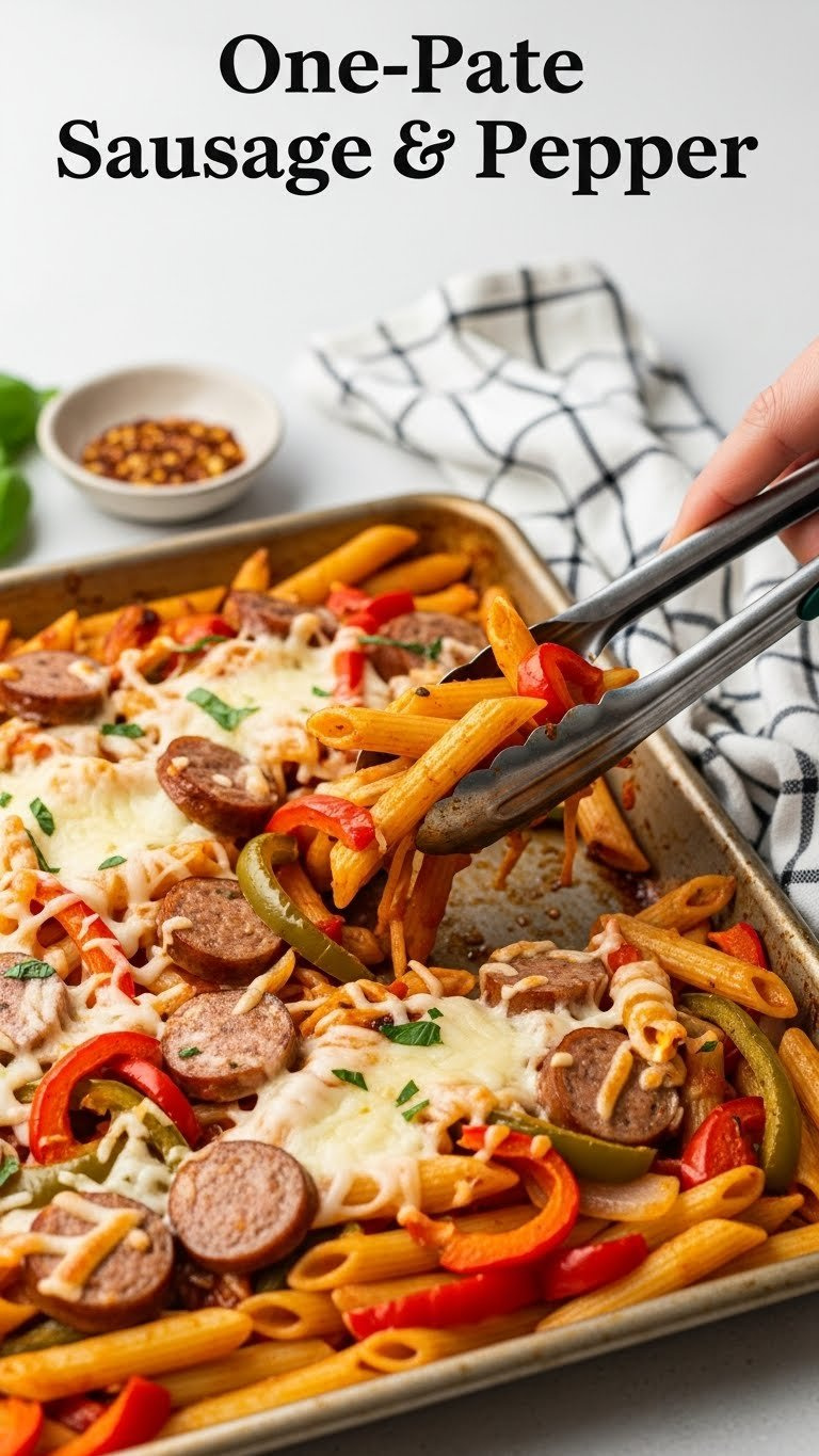 Colorful One-Pan Sausage Pepper Penne Bake With Italian Sausage Slices And Bell Peppers On Baking Sheet