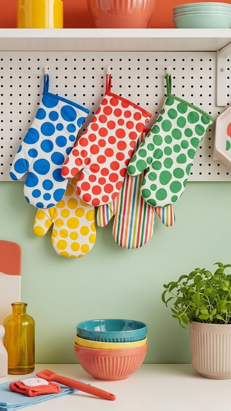 Colorful Patterned Kitchen Mittens Hanging On Pegboard In Vibrant Kitchen With Mixing Bowls And Herbs