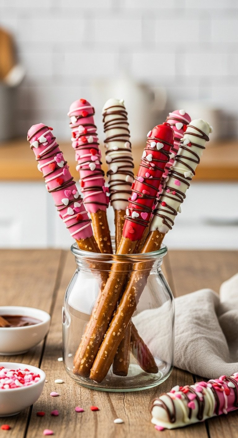 Colorful Pink, Red, White Chocolate Dipped Pretzel Rods With Heart Sprinkles In A Jar On A Rustic Wooden Table.