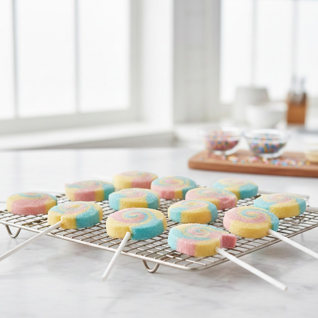 Colorful Pinwheel Cookie Pops On Sticks Arranged Artfully On A White Ceramic Cooling Rack With Soft Bokeh Background.