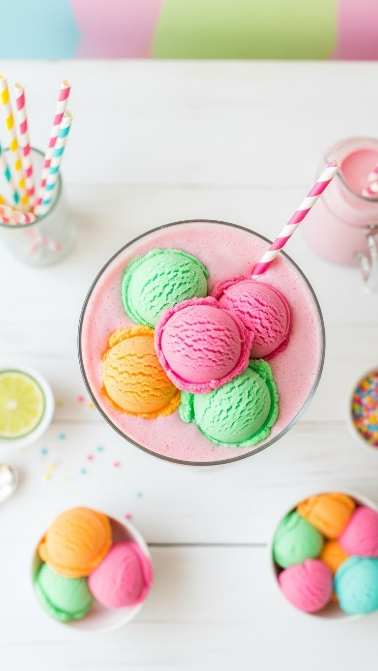 Colorful Rainbow Sherbet Punch In Glass Bowl With Melting Orange, Lime, And Raspberry Sherbet Swirls On White Table