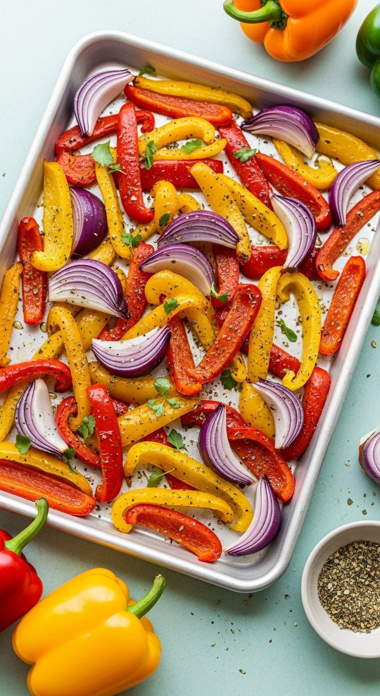 Colorful Roasted Bell Pepper Strips &Amp; Red Onions With Italian Herbs On A Baking Sheet, Vibrant Healthy Side Dish.