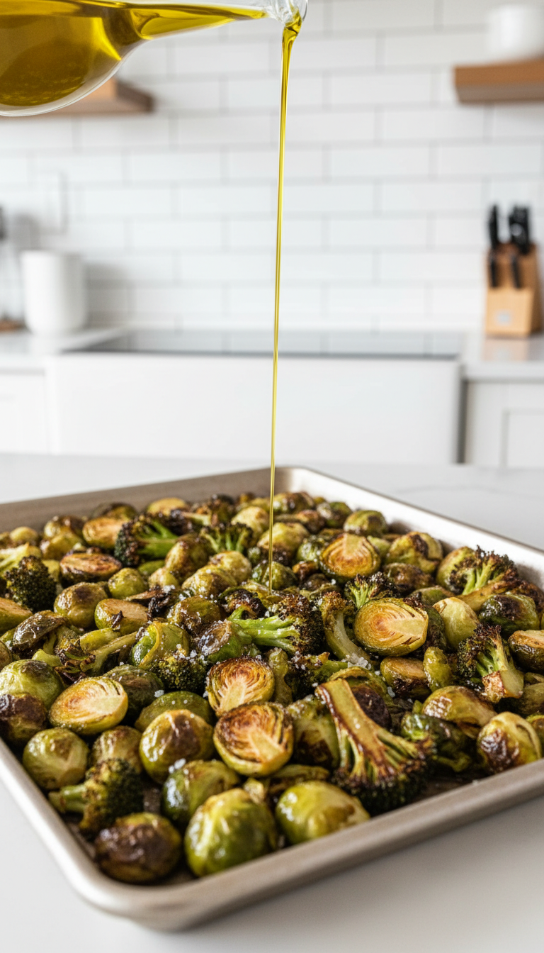 Colorful Roasted Brussels Sprouts And Broccoli Florets With Charred Edges On A Metal Baking Sheet.