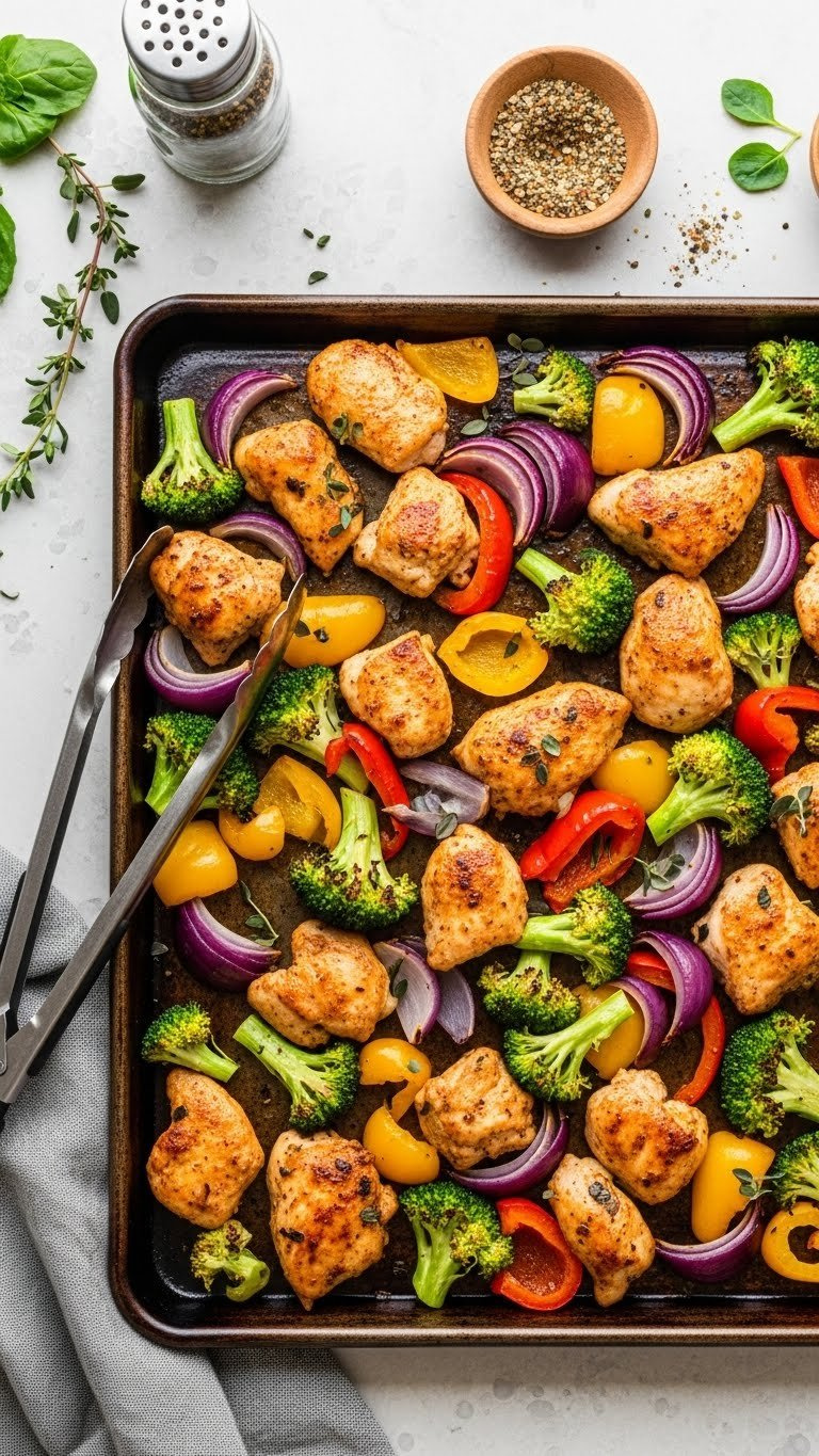 Colorful Sheet Pan Chicken And Roasted Vegetables Including Broccoli And Bell Peppers On Dark Metal Baking Sheet